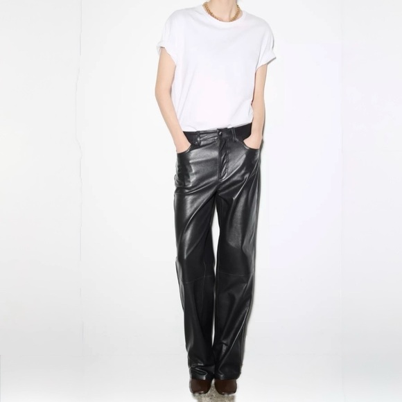 Zara Pants - Zara Women Faux Leather Pleather Black Wide Leg Pants Trousers Chic Bikercore XS